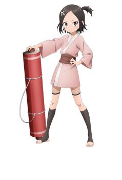 1girl anime_coloring black_eyes black_hair blush breasts closed_mouth collarbone fishnet_shorts fishnets flat_chest full_body hair_ornament hand_on_own_hip japanese_clothes kimono kunoichi_tsubaki_no_mune_no_uchi long_sleeves looking_at_viewer ninja official_art okuda_yousuke one_side_up parted_bangs pink_kimono scroll scroll_tube short_hair short_kimono shuriken shuriken_hair_ornament sidelocks simple_background solo standing tachi-e toeless_legwear toes touwata_(kunoichi_tsubaki_no_mune_no_uchi) transparent_background tsurime v-shaped_eyebrows weapon wide_sleeves