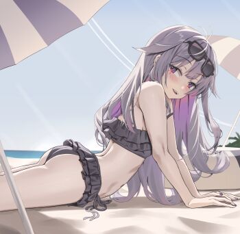1girl absurdres ass beach bikini blush gem grey_hair highres hololive hololive_english jewel_under_eye koseki_bijou long_hair looking_at_viewer multicolored_hair nail_polish navel ocean open_mouth purple_eyes purple_hair purple_nails scarlet_(wv0102) smile solo swimsuit virtual_youtuber water