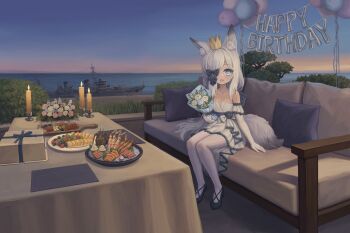 Rule 34 | 1134b-kata, 1girl, absurdres, animal ears, azur lane, blue eyes, bouquet, bow, bowtie, candle, crown, elbow gloves, flower, food, fox ears, fox girl, fox tail, gift, gloves, happy birthday, highres, holding, holding bouquet, kasumi (azur lane), long hair, ocean, pantyhose, ship, sky, smile, tail, watercraft, white gloves, white hair, white pantyhose