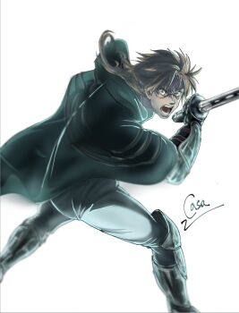 Rule 34 | armored boots, boots, cloak, gauntlets, green cloak, green eyes, highres, holding, holding sword, holding weapon, kyasaaman, male focus, mole, mole under eye, mushoku tensei, open mouth, paul greyrat, ponytail, screaming, sword, vambraces, weapon, white background