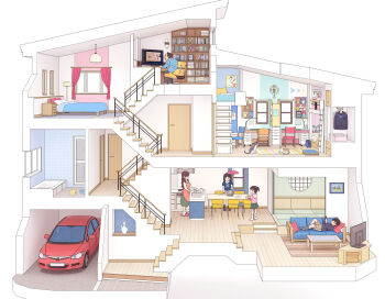 2boys 3girls absurdres apron bag bed bedroom black_pants black_serafuku blue_shirt bookshelf brown_hair brown_shorts brown_skirt bunk_bed car cat chair clothes_hanger commentary_request couch cross-section desk family food green_skirt grey_socks handheld_game_console head_on_pillow highres holding holding_handheld_game_console house indoors kiyo_(kyokyo1220) long_hair lying model monitor motor_vehicle multiple_boys multiple_girls office_chair on_back on_chair on_couch original pants pillow pink_apron pink_hood plate playing_games pornography red_car school_bag school_uniform serafuku shirt short_hair shorts sitting skirt socks stairs standing stuffed_animal stuffed_toy swivel_chair table television unworn_clothes white_shirt white_socks window