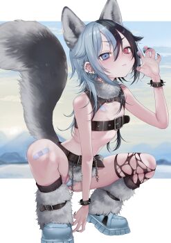 1girl absurdres animal_ears bandaid bandaid_on_chest bandaid_on_knee bandaid_on_leg belt belt_buckle black_belt black_hair black_shrug blue_eyes blue_hair blue_panties bracelet buckle cameltoe chain chest_belt claw_pose closed_mouth commentary_request dancho dancho_(dancyo) double-parted_bangs fingernails flat_chest full_body fur_skirt fur_socks gradient_nails hair_between_eyes hand_up heterochromia highres jewelry kujirakawa_zoo long_bangs long_fingernails microskirt multicolored_hair panties red_eyes self-portrait shrug_(clothing) skirt sleeveless_shrug solo spiked_bracelet spikes split-color_hair squatting stomach tail underwear v-shaped_eyebrows virtual_youtuber