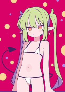 1girl absurdres alternate_costume bikini blue_archive blush blush_stickers collarbone commentary_request cowboy_shot demon_tail ear_piercing green_hair hair_between_eyes highres long_hair looking_at_viewer micro_bikini navel no_halo nozomi_(blue_archive) orange_eyes otomii piercing pointy_ears polka_dot polka_dot_background pout red_background sidelocks simple_background solo standing stomach string_bikini swimsuit tail twintails very_long_hair white_bikini