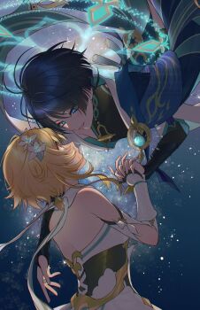 1boy 1girl absurdres amano_hotaru_(hotaama) anemo_symbol_(genshin_impact) aqua_gemstone aqua_halo aqua_sleeves arm_cutout armor black_bodysuit black_bridal_gauntlets black_corset black_gloves black_hair black_shorts blonde_hair blue_cape blue_eyes blue_flower blue_pupils blue_trim blunt_ends blush bodysuit bridal_gauntlets cape clothing_cutout corset cross-laced_clothes cross-laced_corset detached_sleeves dress eye_contact eyelashes eyeliner eyeshadow feathers fingernails flower furisode gem genshin_impact gloves glowing glowing_eyes glowing_gem glowing_markings gold gold_trim hair_flower hair_ornament halo halo_behind_head hetero highres holding_hands interlocked_fingers japanese_armor japanese_clothes kimono kote kurokote layered_sleeves looking_at_another looking_down looking_up lumine_(genshin_impact) magic_circle makeup median_furrow multicolored_flower open_clothes open_kimono open_mouth parted_lips partially_fingerless_gloves red_eyeliner red_eyeshadow scaramouche_(genshin_impact) scarf short_hair short_hair_with_long_locks short_sleeves shorts shoulder_blades sidelocks smile tassel tsurime twitter_username upside-down vambraces wanderer_(genshin_impact) watermark white_dress white_flower white_kimono white_mouth white_scarf white_sleeves white_trim wispy_bangs yellow_eyes yellow_feathers