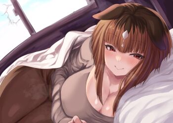 1girl :&gt; absurdres animal_ears blanket blue_sky blunt_bangs blush breaking_and_entering breasts broken_window brown_hair brown_pants cleavage closed_mouth cloud cowboy_shot ears_down grey_shirt highres hisagi_(hisagi00) horse_ears horse_girl large_breasts looking_at_viewer lying morning multicolored_hair on_bed on_side pants pillow pov_across_bed red_eyes roots_(hair) shirt short_hair sky smile solo transcend_(umamusume) umamusume under_covers window