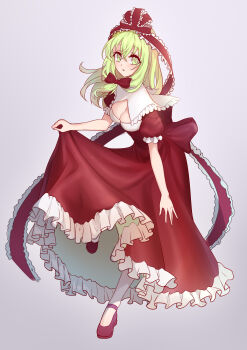 1girl absurdres adapted_costume boots breasts cleavage cleavage_cutout clothing_cutout collared_dress commentary_request dress eyelashes frilled_dress frilled_ribbon frilled_sleeves frills full_body gradient_background green_eyes green_hair grey_background hair_between_eyes hair_ribbon highres kagiyama_hina leg_up long_hair looking_at_viewer mary_janes medium_breasts murasaki_satori parted_lips red_boots red_dress red_ribbon ribbon shoes short_sleeves skirt_hold solo standing standing_on_one_leg straight_hair touhou white_background