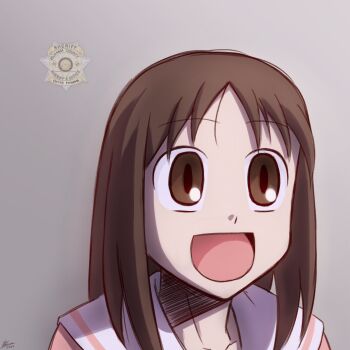 1girl 4ces :d azumanga_daiou brown_eyes brown_hair highres kasuga_ayumu medium_hair meme mugshot open_mouth sailor_collar school_uniform sheriff_badge smile solo trump_mugshot_(meme) upper_body white_sailor_collar