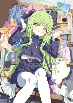 1girl :o absurdres blue_archive blue_jacket blue_skirt blush brown_eyes camera commentary deal_with_it_(meme) demon_tail feet_out_of_frame gloves green_hair halo hands_up highres hikari_(blue_archive) jacket long_hair looking_at_viewer lying meme on_back pantyhose parted_lips peroro_(blue_archive) pleated_skirt pointy_ears seero skirt solo suitcase sunglasses tail unworn_eyewear very_long_hair white_gloves white_pantyhose yellow_eyes