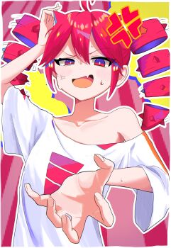 1girl absurdres ahoge anger_vein angry blue_eyes double-parted_bangs drill_hair fang flat_chest hair_between_eyes headache highres iraira_shite_iru_(synthesizer_v) kasane_teto kurimatcha open_mouth print_shirt red_background red_eyes red_hair shirt short_sleeves simple_background single_bare_shoulder skin_fang solo sweatdrop twin_drills upper_body utau white_shirt