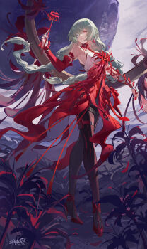 1girl absurdres bandage_over_one_eye bandaged_arm bandages bare_shoulders black_pantyhose braid breasts closed_mouth commentary detached_sleeves dress earrings english_commentary flower full_body grey_hair halter_dress halterneck high_heels highres holding holding_flower jewelry long_hair looking_at_viewer low_twin_braids medium_breasts pantyhose phrolova_(wuthering_waves) red_dress red_eyes red_shoes shoes single_detached_sleeve solo spider_lily standing tacet_mark_(wuthering_waves) twin_braids wuthering_waves yongheng_you_yao