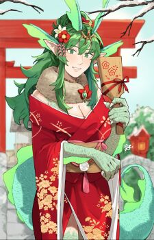 1girl breasts cleavage dragon_claw dragon_girl dragon_tail fire_emblem fire_emblem_awakening floral_print flower green_eyes green_hair hagoita hair_flower hair_ornament highres japanese_clothes kimono long_hair looking_at_viewer medium_breasts nintendo paddle partial_transformation pointy_ears ponytail red_kimono sakuremi shiki_eiki smile tail teeth tiki_(adult)_(fire_emblem) tiki_(fire_emblem)