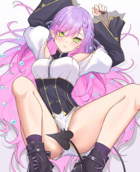 Rule 34 | 1girl, black nails, blush, braid, breasts, corset, demon tail, earrings, french braid, green eyes, hair ornament, hairclip, highres, hololive, jewelry, long hair, looking at viewer, lying, medium breasts, multiple earrings, nail polish, official alternate costume, on back, pointy ears, purple hair, shorts, solo, tail, tokoyami towa, tokoyami towa (7th costume), very long hair, virtual youtuber, x hair ornament, z.m. (zimin)