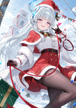 1girl absurdres bell black_gloves black_pantyhose blue_archive box breasts capelet christmas christmas_present christmas_tree commentary_request dasiu gift gift_box gloves halo hat highres holding holding_leash koyuki_(blue_archive) large_breasts leash long_hair looking_at_viewer mechanical_halo neck_bell noa_(blue_archive) pantyhose parted_lips pink_hair purple_eyes purple_hair red_capelet red_skirt santa_hat shirt skirt smile snowing solo_focus very_long_hair white_hair white_shirt winter yuuka_(blue_archive)