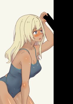 1girl absurdres bar_censor blonde_hair blue_eyes blush breasts censored competition_swimsuit daipunch dark-skinned_female dark_skin galzaki-san_(daipunch) highres large_breasts long_hair one-piece_swimsuit original sexually_suggestive sweat swimsuit