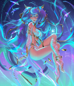 1girl armlet artist_name barefoot blue_eyes breasts highres iuno_(wuthering_waves) jewelry large_breasts long_hair looking_at_viewer paid_reward_available purple_hair solo tatti_art thighlet twintails wuthering_waves