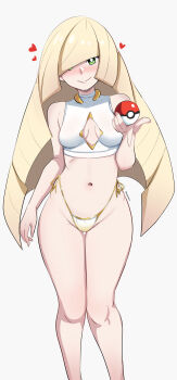 1girl alternate_costume bikini bikini_bottom_only blonde_hair blush breasts cleavage_cutout clothing_cutout cowboy_shot crop_top facing_viewer green_eyes hair_over_one_eye heart holding holding_poke_ball long_hair looking_at_viewer lusamine_(pokemon) medium_breasts navel nintendo pabsmikan poke_ball poke_ball_(basic) pokemon pokemon_sm side-tie_bikini_bottom smile solo swimsuit white_background