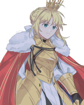 1girl ahoge armor artoria_pendragon_(fate) aud0854_01 blonde_hair breastplate caliburn_(fate) cape commentary_request crown fate/grand_order fate_(series) fur_trim gauntlets gold_armor green_eyes holding holding_sword holding_weapon lord_logres_(fate) lord_logres_(first_ascension)_(fate) red_cape solo sword weapon