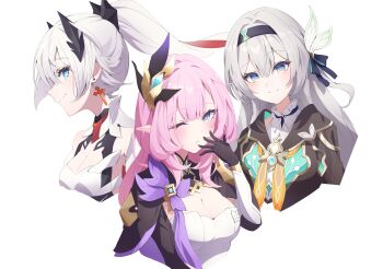 Rule 34 | 3girls, aqua eyes, black gloves, black hairband, blue jacket, blush, breasts, cleavage, closed mouth, commentary, cross, cross earrings, earrings, elysia (honkai impact), elysia (miss pink elf) (honkai impact), firefly (honkai: star rail), gloves, green eyes, grey hair, hair between eyes, hair ornament, hairband, highres, honkai: star rail, honkai (series), honkai impact 3rd, jacket, jewelry, key astra, kiana kaslana, kiana kaslana (herrscher of flamescion), long sleeves, looking at viewer, medium breasts, multicolored hair, multiple girls, neckerchief, one eye closed, orange neckerchief, pink eyes, pink hair, pointy ears, ponytail, red hair, shirt, simple background, sleeveless, sleeveless shirt, smile, symbol-only commentary, white background, white hair, white shirt