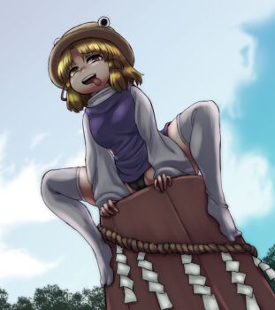 1girl black_panties blonde_hair blue_sky breasts brown_hat commentary_request day dress full_body hanemikakko hat looking_at_viewer medium_breasts medium_hair moriya_suwako no_shoes onbashira open_mouth outdoors panties pinafore_dress purple_dress rope shide shimenawa shirt sitting sky sleeveless sleeveless_dress smile solo thighhighs tongue tongue_out touhou tree underwear white_shirt white_thighhighs yellow_eyes