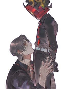 1boy 1other black_pants black_shirt clock collared_shirt dante_(limbus_company) earrings fire grey_hair hands_on_another's_ass highres hoyapaint jewelry limbus_company necktie object_head other_with_male pants parted_bangs project_moon red_eyes red_necktie scar scar_on_face shirt vergilius_(project_moon)