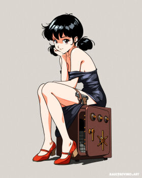 1girl bag bare_shoulders black_dress black_hair dress full_body grey_background hand_on_own_cheek hand_on_own_face handbag head_rest high_heels highres looking_at_viewer original raul_trevino shoes sitting smile solo