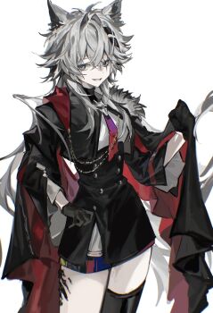1girl animal_ears antenna_hair arknights ascot black_cape black_gloves black_jacket black_skirt boots cape contrapposto cowboy_shot cropped_jacket crossed_bangs gloves grey_eyes grey_hair hair_between_eyes hair_intakes hair_ornament hairclip highres jacket lappland_(arknights) lappland_the_decadenza_(arknights) looking_at_viewer material_growth muki_(muki_kunxd) open_clothes open_jacket oripathy_lesion_(arknights) parted_lips red_ascot scar scar_across_eye scar_on_face shirt short_hair_with_long_locks sidelocks simple_background single_thigh_boot skirt smile solo thigh_boots three-quarter_sleeves white_background white_shirt wolf_ears wolf_girl