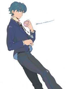 Rule 34 | 1boy, blue eyes, blue hair, blue jacket, commentary request, cowboy shot, formal clothes, holding, jacket, jewelry, juumonji tsubasa, kyoukai no rinne, looking at viewer, looking back, male focus, mame moyashi, necklace, short hair, simple background, solo, suit, white background