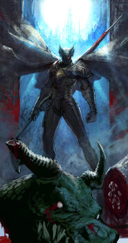 Rule 34 | 1boy, armor, black cape, bleeding, blood, bloody weapon, breastplate, broken horn, cape, castle, clenched hand, death, disembodied head, gauntlets, glowing, glowing eye, helm, helmet, highres, holding, holding lance, holding polearm, holding weapon, horns, lance, light rays, loped, makaimura, male focus, monster, moon, moonlight, pauldrons, polearm, red eyes, sharp teeth, shoulder armor, sir arthur (makaimura), solo, standing, teeth, vambraces, weapon