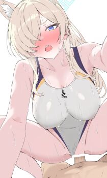 1boy 1girl absurdres animal_ears bar_censor bare_shoulders blonde_hair blue_archive blue_eyes blush breasts censored clothing_aside commentary_request competition_swimsuit girl_on_top hair_over_one_eye hetero highres kanna_(blue_archive) kanna_(swimsuit)_(blue_archive) large_breasts long_hair looking_at_viewer motion_lines official_alternate_costume one-piece_swimsuit open_mouth sex sharp_teeth simple_background solo_focus squatting_cowgirl_position swimsuit swimsuit_aside teeth vaginal watti3600 white_background white_one-piece_swimsuit