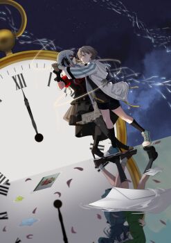 2girls absurdres bang_dream! bang_dream!_it&#039;s_mygo!!!!! black_gloves black_mask black_ribbon black_shoes black_shorts black_skirt blue_hair blue_shirt blue_shoes clock closed_mouth commentary commission dancing different_reflection domino_mask english_commentary eye_mask gloves green_jacket grey_hair hair_ribbon hand_on_another&#039;s_waist haneoka_school_uniform highres jacket letter mask multiple_girls night notebook oblivionis_(bang_dream!) parted_lips pink_eyes red_shirt reflection reflective_water ribbon school_uniform second-party_source shirt shoes short_hair short_sleeves shorts skirt smile sticky_note takamatsu_tomori togawa_sakiko tsukinomori_school_uniform two_side_up white_jacket yknklv yuri