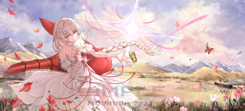 1girl absurdres bare_shoulders braid bug butterfly chinese_commentary closed_mouth commentary_request criss-cross_halter detached_sleeves dress grey_hair hair_between_eyes halter_dress halterneck hand_on_own_chest highres insect long_dress long_hair low-braided_long_hair low-tied_long_hair mountainous_horizon muyinxia nail_polish outdoors phrolova_(wuthering_waves) red_eyes red_nails red_petals smile solo tacet_mark_(wuthering_waves) white_dress wuthering_waves yellow_butterfly