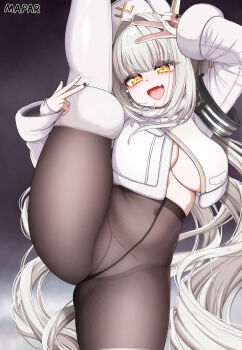 1girl alternate_breast_size_(larger) artist_name black_pantyhose blanc_(fortune_express)_(nikke) blanc_(nikke) boots breasts coat commentary_request fang fur-trimmed_boots fur_trim goddess_of_victory:_nikke hat highres large_breasts long_hair mapar official_alternate_costume official_alternate_hairstyle open_mouth panties panties_under_pantyhose pantyhose skin_fang solo split standing standing_on_one_leg standing_split underwear v very_long_hair white_boots white_coat white_hair white_hat white_panties winter_clothes winter_coat yellow_eyes