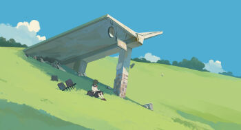 1girl absurdres bag bangqiao_yan black_hair black_skirt blue_sailor_collar blue_sky bridge chair clock cloud cloudy_sky day debris facing_away full_body grass highres hill knees_up long_sleeves neck_ribbon original outdoors ribbon rock sailor_collar short_hair shoulder_bag sitting skirt sky socks solo tile_wall tiles toy white_socks wide_shot