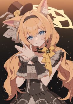 Rule 34 | 1girl, :3, absurdres, animal ear fluff, animal ears, black hairband, black hat, black overskirt, black wrist cuffs, blue archive, blue eyes, blush, cat ears, choker, closed mouth, commentary, dress, earrings, flower, fluffy hair, frilled choker, frills, grey dress, grey feathers, hairband, halo, hands up, hat, hat flower, highres, idol, idol clothes, jewelry, long hair, looking at viewer, low twintails, mari (blue archive), mari (idol) (blue archive), mini hat, mini top hat, official alternate costume, orange hair, own hands together, rose, smile, solo, steepled fingers, top hat, twintails, upper body, wrist cuffs, yellow flower, yellow halo, yellow rose, yeon2ry