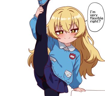 1girl absurdres arm_support black_leggings blonde_hair blue_shirt blue_shoes blue_skirt blush closed_mouth collared_shirt commentary cowboy_shot dot_nose english_commentary hair_intakes hanakaji_(yuuchanto) highres kindergarten_uniform kurumi_(hanakaji) leg_lift leg_up leggings loli long_hair looking_at_viewer name_tag original pleated_skirt shirt shoes simple_background skirt smile solo speech_bubble split split_mouth standing standing_on_one_leg standing_split v-shaped_eyebrows white_background yellow_eyes
