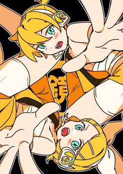 Rule 34 | 1boy, 1girl, aqua eyes, blonde hair, blush stickers, bow, brother and sister, chest sarashi, commentary request, foreshortening, gekokujou (vocaloid), hadanugi dousa, hair between eyes, hair bow, hair ornament, hairclip, headphones, headset, highres, japanese clothes, kagamine len, kagamine rin, kimono, looking at viewer, midriff sarashi, open clothes, open kimono, open mouth, outstretched hand, parallel hairclips, ponytail, reaching, reaching towards viewer, rotational symmetry, sarashi, short hair, short ponytail, shorts, siblings, single bare shoulder, swept bangs, tentekomen, twins, vocaloid, white bow, white shorts, yellow kimono