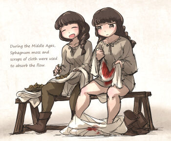 black_eyes black_hair blood boots braid braided_ponytail braided_twintails brown_boots brown_pants china_dress chinese_clothes commentary dress english_commentary frown grey_shirt hair_over_shoulder highres ironlily menstrual_blood menstruation moss on_bench open_mouth original pants rags shirt shoes sitting smile unworn_shoes