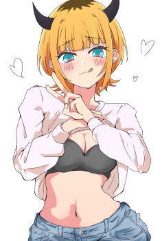 1girl absurdres blonde_hair blue_eyes blush bra closed_mouth clothes_lift commentary grey_bra heart highres horns licking_lips long_sleeves looking_at_viewer memcho multicolored_hair navel oshi_no_ko roots_(hair) shirt shirt_lift short_hair simple_background solo stomach tongue tongue_out underwear urishima v white_background white_shirt
