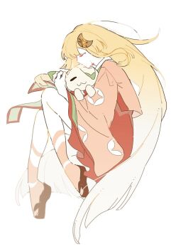 1girl blonde_hair cho_kaguya-hime! closed_eyes commentary_request curled_up full_body furukawa_ura holding holding_stuffed_toy japanese_clothes kaguya_(cho_kaguya-hime!) kimono long_hair long_sleeves lying on_side orange_kimono profile sandals simple_background solo stuffed_animal stuffed_toy very_long_hair white_background