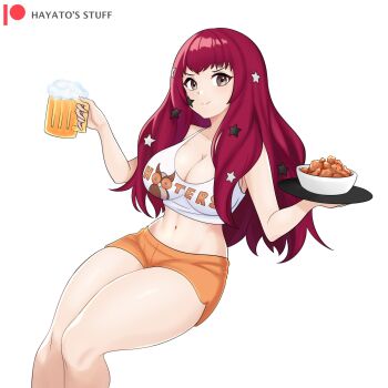 Rule 34 | >:), 1girl, alcohol, alternate costume, beer, beer mug, breasts, chicken wing, cleavage, crop top, cup, facial mark, fire emblem, fire emblem engage, hair ornament, hayato stuff, highres, holding, holding cup, hooters, large breasts, long hair, looking at viewer, mug, nintendo, orange shorts, red eyes, red hair, short shorts, shorts, smile, solo, star (symbol), star facial mark, star hair ornament, v-shaped eyebrows, waitress, yunaka (fire emblem)