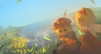 aki_minoriko aki_shizuha blonde_hair blue_sky commentary_request day fruit_hat_ornament grape_hat_ornament hair_ornament hat highres kinoko_(kino2435006) leaf leaf_hair_ornament maple_leaf medium_hair mob_cap on_grass red_eyes scenery sky touhou