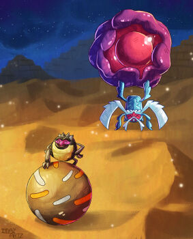 animal_focus artist_name ball bug closed_eyes commentary desert english_commentary evolutionary_line floating full_body imazartz night nintendo no_humans open_mouth outdoors pokemon pokemon_(creature) pokemon_focus pyramid_(structure) rabsca rellor sand sky smile star_(sky) starry_sky upside-down