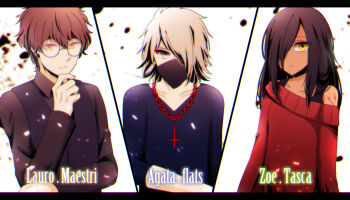 Rule 34 | 1girl, 2boys, agatha flattz, aged down, bandana, bandana over mouth, black hair, brown hair, cross, cross necklace, dark-skinned female, dark skin, glasses, grey eyes, grey hair, hair over one eye, highres, higyaku no noel, jewelry, lauro maestri, multiple boys, nanoko, necklace, off-shoulder shirt, off shoulder, red shirt, shirt, short hair, vest, yellow eyes, zoe taska