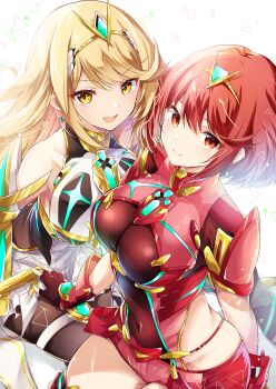 2girls bare_shoulders blonde_hair breasts chest_jewel dress earrings highres impossible_clothes jewelry multiple_girls mythra_(massive_melee)_(xenoblade) mythra_(xenoblade) open_mouth pyra_(xenoblade) red_eyes red_hair sleeveless sleeveless_dress star_(symbol) star_earrings swept_bangs thigh_strap tiara ui_frara xenoblade_chronicles_(series) xenoblade_chronicles_2 yellow_eyes