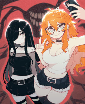 2girls aria_wintermint arm_up bare_shoulders belt belt_skirt black-framed_eyewear black_belt black_hair black_legwear black_shirt black_skirt blouse blue_eyes blush breasts cellphone choker cleavage closed_mouth collarbone denim denim_shorts earrings eldritch_abomination freckles glasses goth_fashion green_legwear hair_between_eyes hair_over_one_eye holding holding_phone jewelry kaz_asteri large_breasts long_hair looking_at_viewer miniskirt mole mole_on_breast multicolored_legwear multiple_girls navel negative_frames off_shoulder parororo phone red_hair see-through_clothes see-through_sleeves shirt short_shorts shorts skirt sleeveless sleeveless_shirt striped_clothes striped_legwear striped_thighhighs stud_earrings taking_picture the_crawling_city thighhighs tongue tongue_out v very_long_hair wavy_hair white_shirt