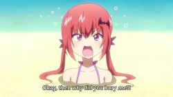 4girls animated anime_screenshot baseball_bat beach gabriel_dropout gabriel_tenma_white multiple_girls outdoors raphiel_shiraha_ainsworth sand satanichia_kurumizawa_mcdowell sound subtitled suikawari tagme video vignette_tsukinose_april
