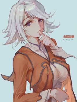 1girl biting biting_own_thumb blue_eyes commentary covered_erect_nipples english_commentary highres looking_at_viewer nipples orange_tabard raine_sage shirt short_hair solo tabard tales_of_(series) tales_of_symphonia white_background white_hair white_shirt white_wrist_cuffs wrist_cuffs yang_chen_(lee5)