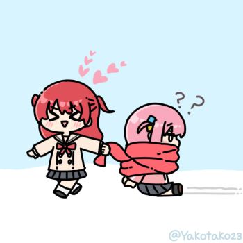 >_< 2girls bocchi_the_rock! chibi chibi_only commentary_request dragging full_body gotoh_hitori heart kita_ikuyo long_sleeves multiple_girls one_side_up open_mouth pleated_skirt red_hair red_scarf scarf school_uniform skirt yakotako