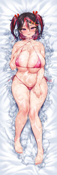 1girl absurdres applying_lotion ariduka_formica barefoot bed_sheet bikini black_dress black_hair black_shoes blush bow breasts cameltoe covered_erect_nipples dakimakura_(medium) dress full_body groin guimpe hair_between_eyes hair_bow halterneck hand_on_own_chest hands_on_own_thighs headpiece heart heart_necklace heart_o-ring highres huge_breasts jewelry large_breasts llooking_at_viewer long_dress long_sleeves lying medium_hair micro_bikini multicolored_hair navel necklace o-ring o-ring_bikini ogre_(illustogre) on_back open_mouth oppai_loli pink_bikini pink_hair red_bow red_hair shoes short_hair side-tie_bikini_bottom solo steaming_body streaked_hair string_bikini swimsuit thighs twintails virtual_ant_channel virtual_youtuber