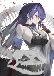 Rule 34 | 1girl, acheron (honkai: star rail), bandaged arm, bandages, black choker, black gloves, blood, bloody tears, breasts, choker, cleavage, coat, criss-cross halter, detached sleeves, earrings, facing to the side, falling petals, gloves, hair ornament, halterneck, highres, honkai: star rail, honkai (series), jewelry, living doll, long sleeves, looking to the side, medium breasts, petals, purple hair, red eyes, single bare shoulder, solo, upper body, white background, white coat